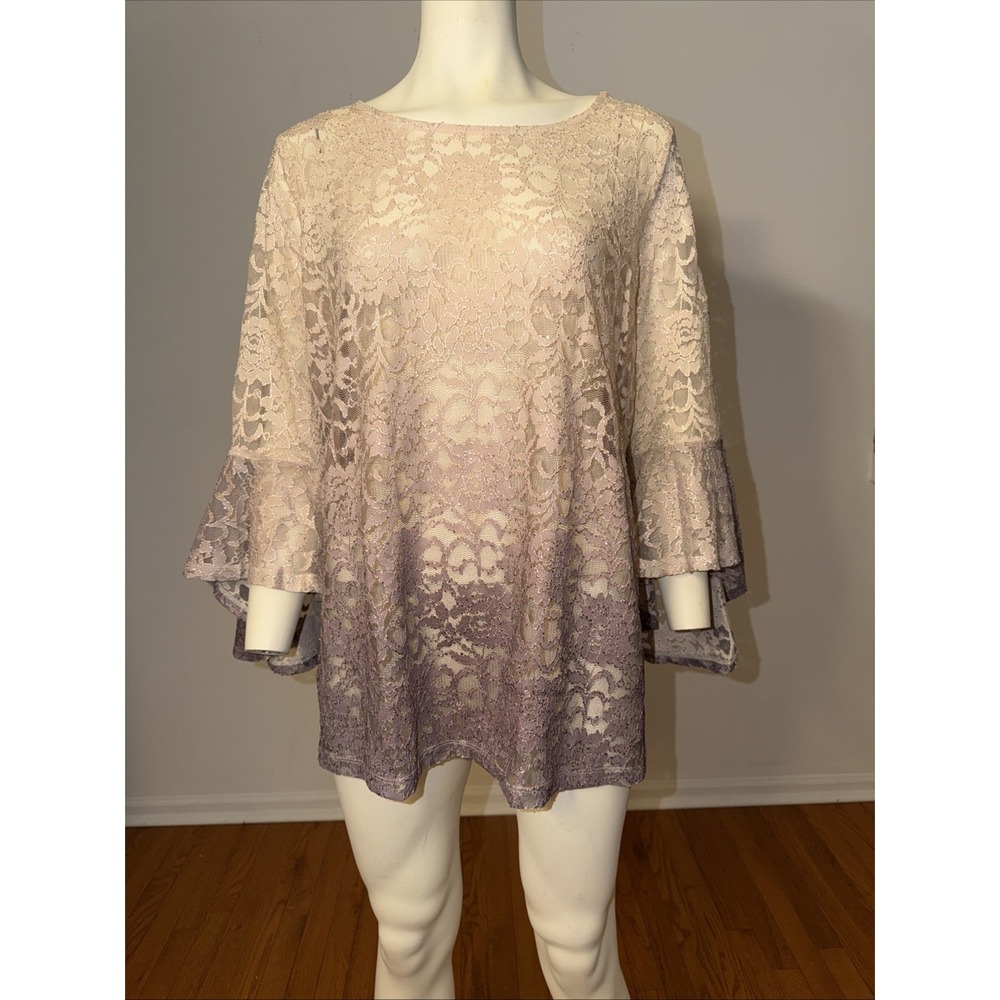 Roamans Lace Sheer Blouse Bell Sleeves Ombré Size 22/24